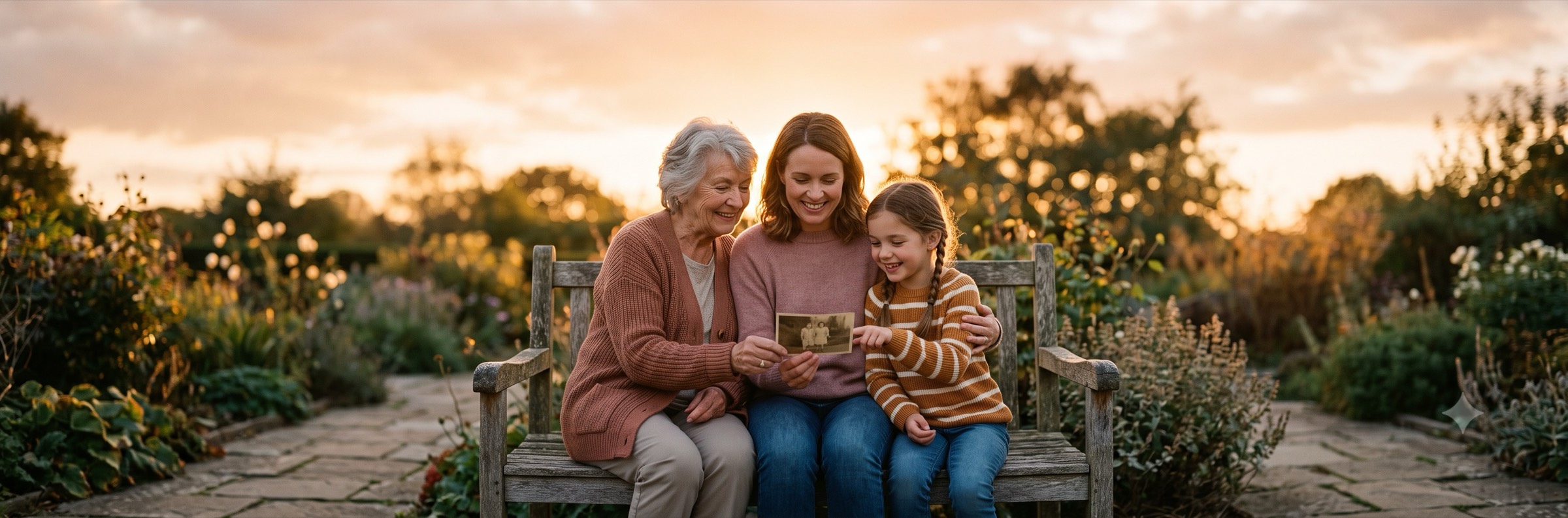 A family sharing a quiet, comforting moment together at golden hour