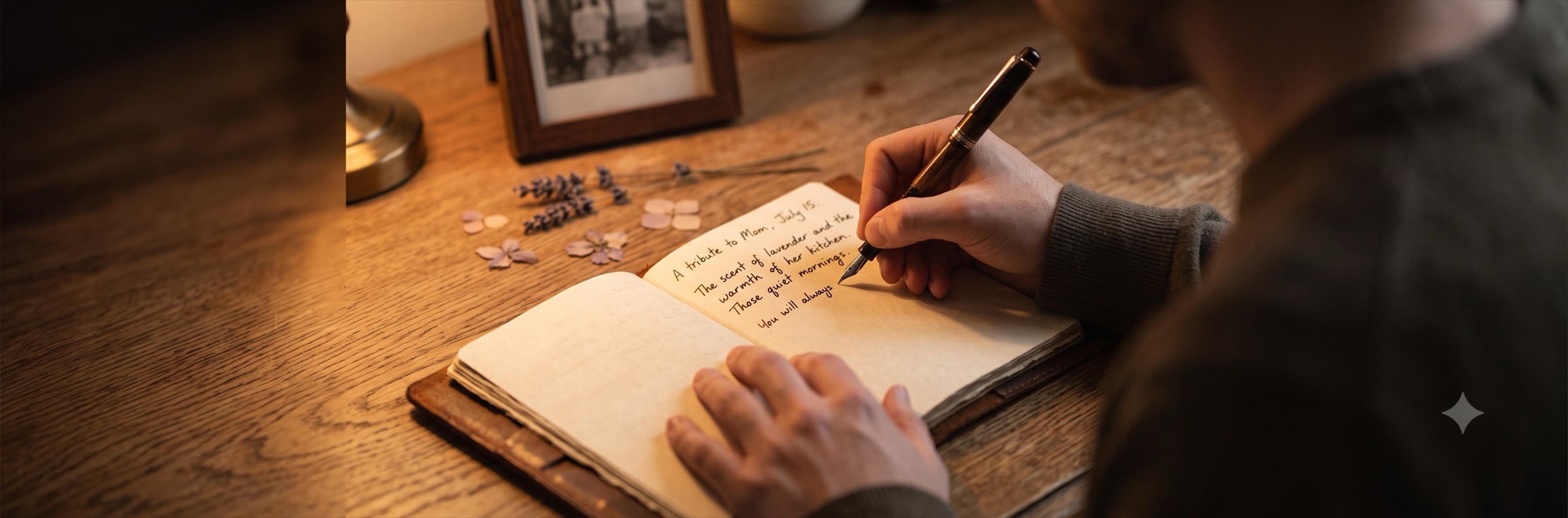 Hands writing a heartfelt letter beside a few pressed flowers